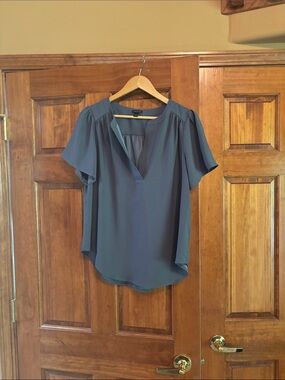 Ann Taylor Slate Blue V-Neck Flutter Sleeve Top